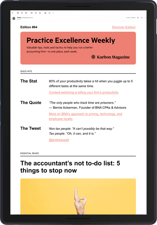 A device with an issue of practice excellence weekly on screen.