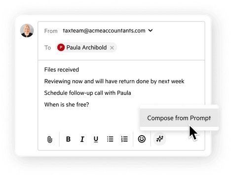 User interface demonstrating the prompt-based AI email composition feature.