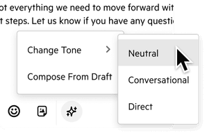 A section of Karbon's email composition interface showing AI Tone Change options: 'Neutral', 'Apologetic', 'Conversational' and 'Direct'