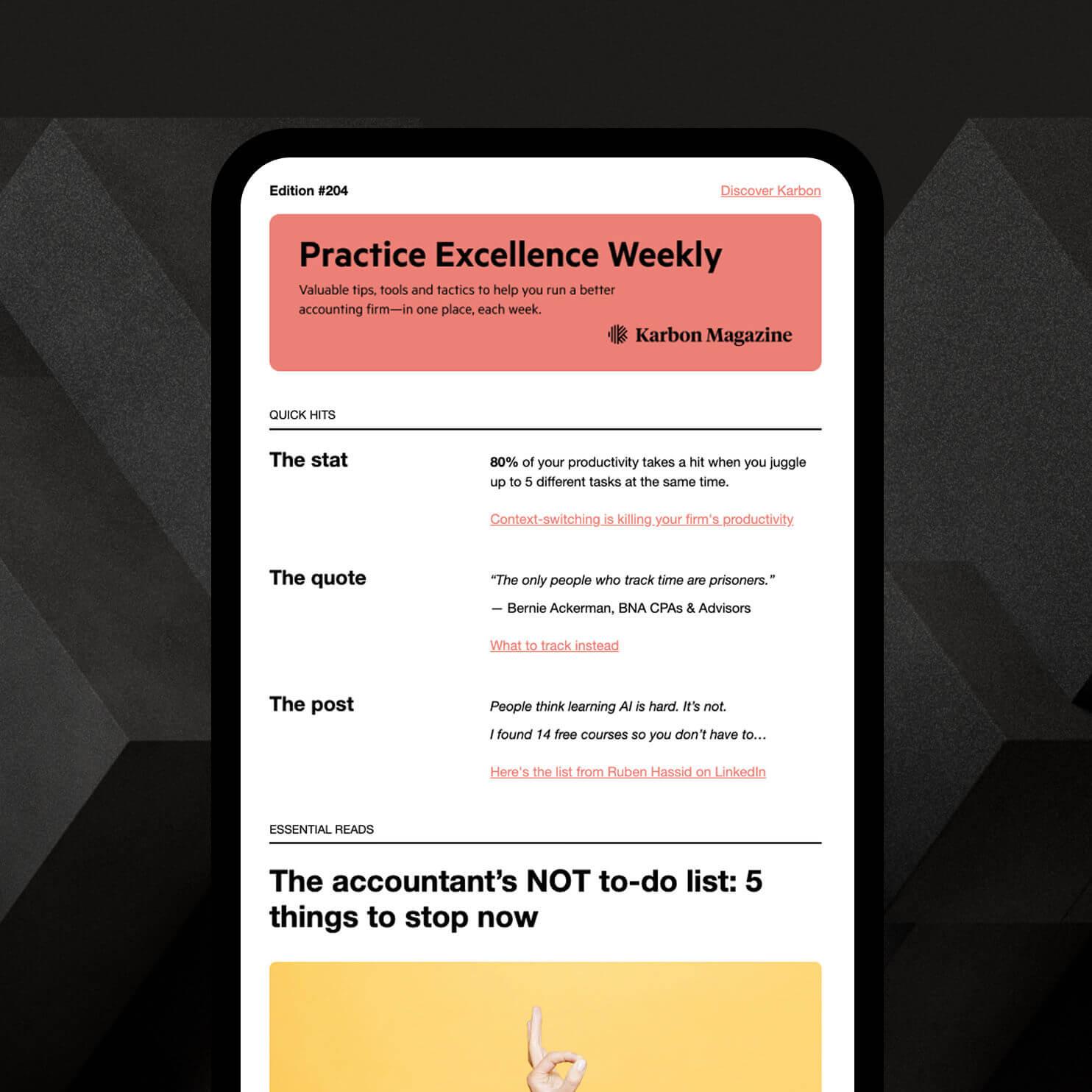 A device with an issue of Practice Excellence Weekly onscreen