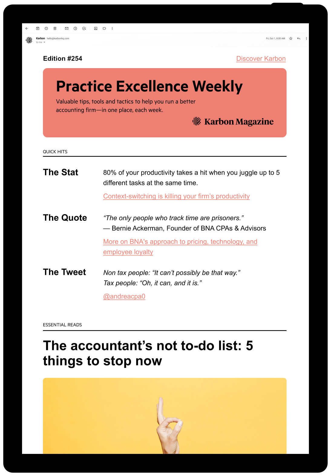 A tablet displaying the Practice Excellence Weekly newsletter