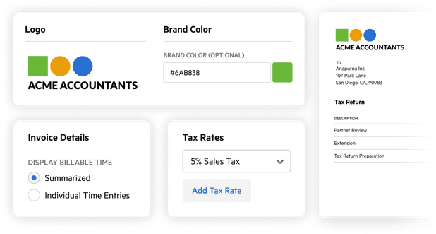 L'interface utilisateur de Karbon montrant les options de personnalisation de la facture : Paramètres des taux d'imposition, image de marque de la facture, et mise en page de la facture.