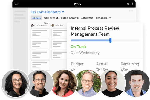 Image of a team dashboard in Karbon with overlaid Karbon staff photos