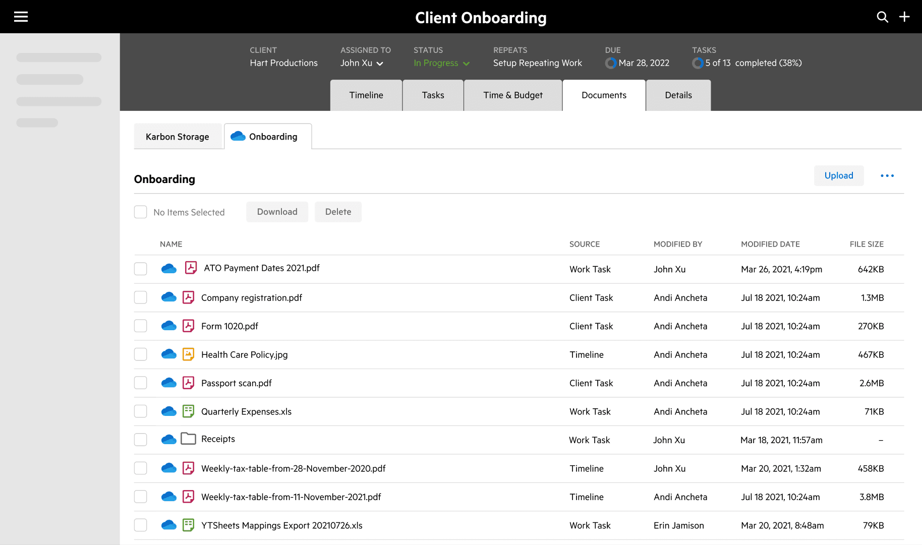 Karbon's file management interface showing files in Microsoft OneDrive