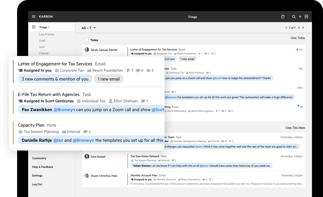 A highlight of the Triage interface showing comments on emails.