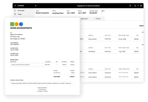 A Karbon engagement screen alongside an invoice for a client.