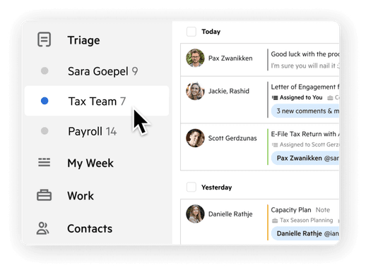 A sidebar in Karbon containing a list of shared inboxes.