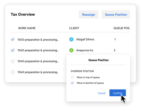 User interface of a work item queue, showing the option to override an item's position.