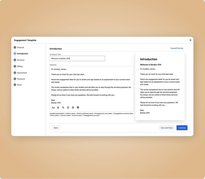 Un écran de création de lettre d'engagement dans Karbon affichant le modèle de courriel qui sera envoyé avec la lettre, ainsi qu'un aperçu.