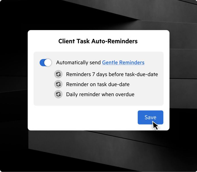 A Karbon modal showing Client Task Auto-Reminders settings, with automatic follow-up reminders configured before and on the due date, and daily when overdue.
