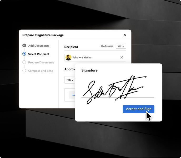 A Karbon eSignature package preparation screen with a signature overlay demonstrating the signing and acceptance of a document.