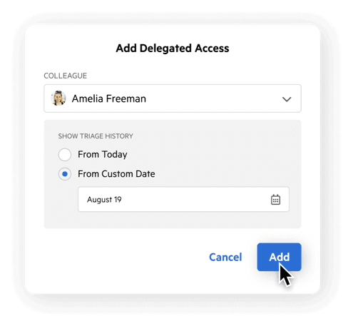 User interface for delegating access to a shared inbox.