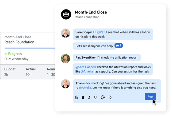 Teammates collaborating on a work item via comments.
