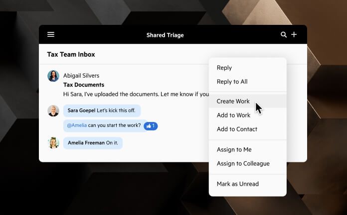 A Karbon inbox with an open context menu. A cursor is hovering over the option to convert an email into a work item.