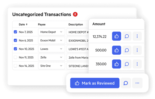A list of uncategorized transactions flagged in the Aider close dashboard, with a Mark as Reviewed action button.