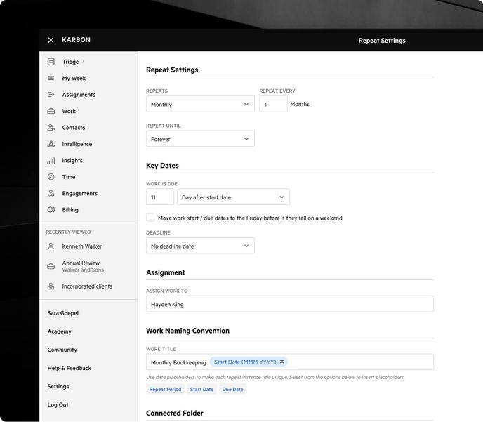 Karbon's repeat settings screen for a monthly bookkeeping work item, showing repeat frequency, key dates, assignment, and work naming convention.