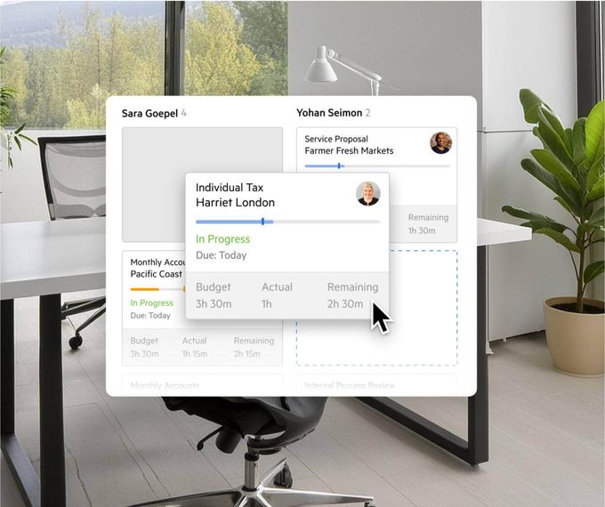 An abstracted kanban user interface in Karbon with an AI-generated representation of an office behind it.