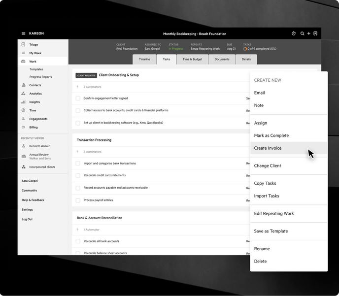 A Karbon work item for monthly bookkeeping with a context menu open, highlighting the Create Invoice option.