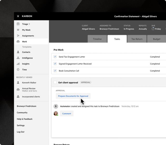 A work item timeline in Karbon. The step being viewed is call "Get client approval," and the user's cursor is placed over a button containing the text, "Prepare Documents for Approval."