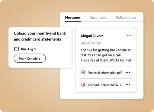 User interface showing communication with a client concerning successful document upload and setting up a meeting.
