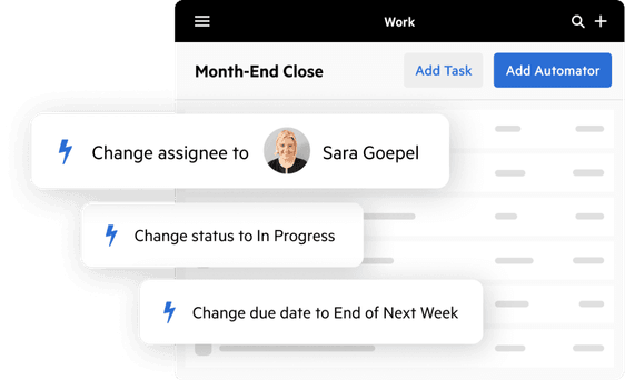 A work item in Karbon showing a list of three automation options to apply to it.