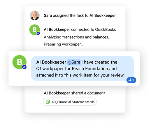 Four stylised in-app notifications showing the interaction between a Karbon employee and an AI Bookkeeper bot.