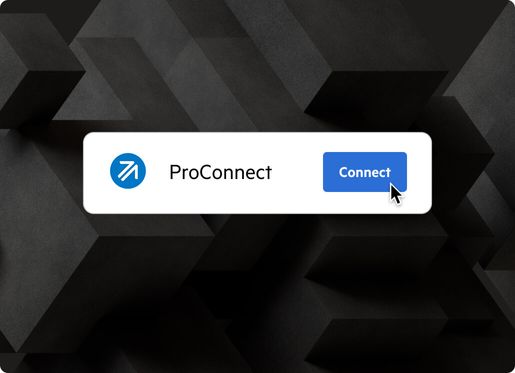 User interface with with the ProConnect logo, the word "ProConnect," and a button that says "Connect" with a cursor over it.