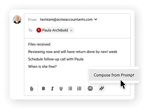 User interface demonstrating the prompt-based AI email composition feature.