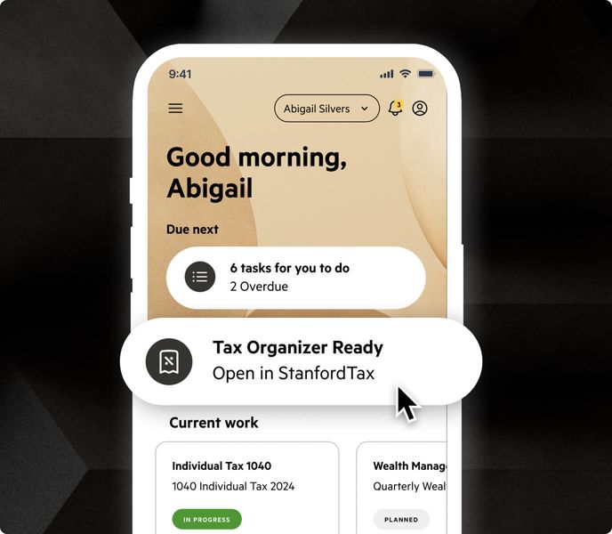 AN abstracted phone displaying the Karbon for Clients app, with a highlighted push notification that reads, "Tax Organiser Ready. Open in Stanford Tax."
