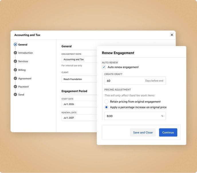 Un processus de création d'engagement dans Karbon ; en encart : un écran présente les options permettant de renouveler automatiquement les engagements, de créer un nouveau projet d'engagement et d'ajuster les tarifs
