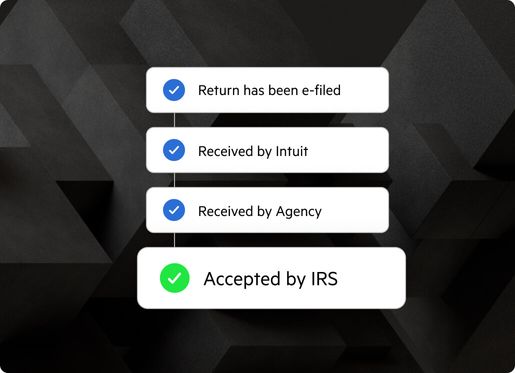 Timeline of events in four steps: "Return has been e-filed," "Received by Intuit," "Received by Agency," "Accepted by IRS."