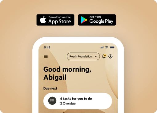 A phone displaying the Karbon for Clients app, with App Store and Google Play buttons above it.