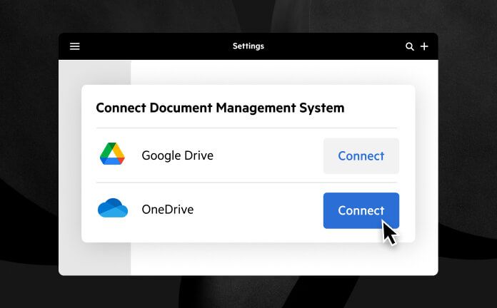 User interface with options to connect Karbon to Google Drive and OneDrive.