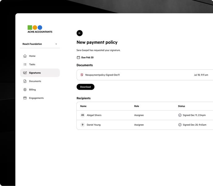 The Karbon for Clients portal showing a completed signed document with recipient sign-off status for two assignees.