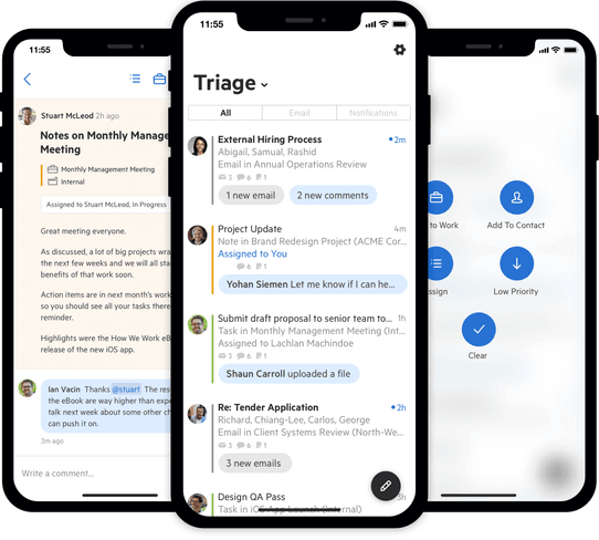 Phones showing Triage; Notes & Comments and Quick app actions