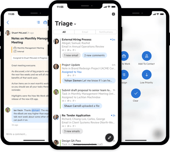 Les téléphones affichent les actions dans les applications Triage, Notes & Comments, and Quick.