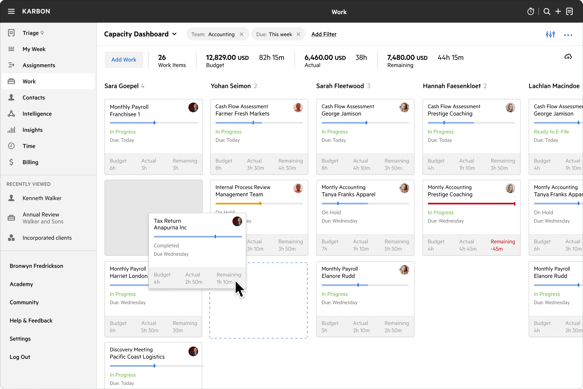 View of Work kanban in Karbon