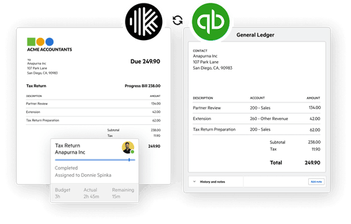 Karbon invoice syncing to a QuickBooks general ledger, with matching line items shown side by side between the two systems.