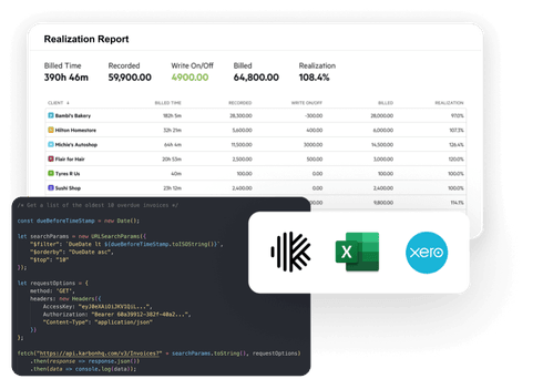 A realization report in Karbon; Karbon, Xero, and Xcel logos; and an example of an API request to Karbon for invoice data.