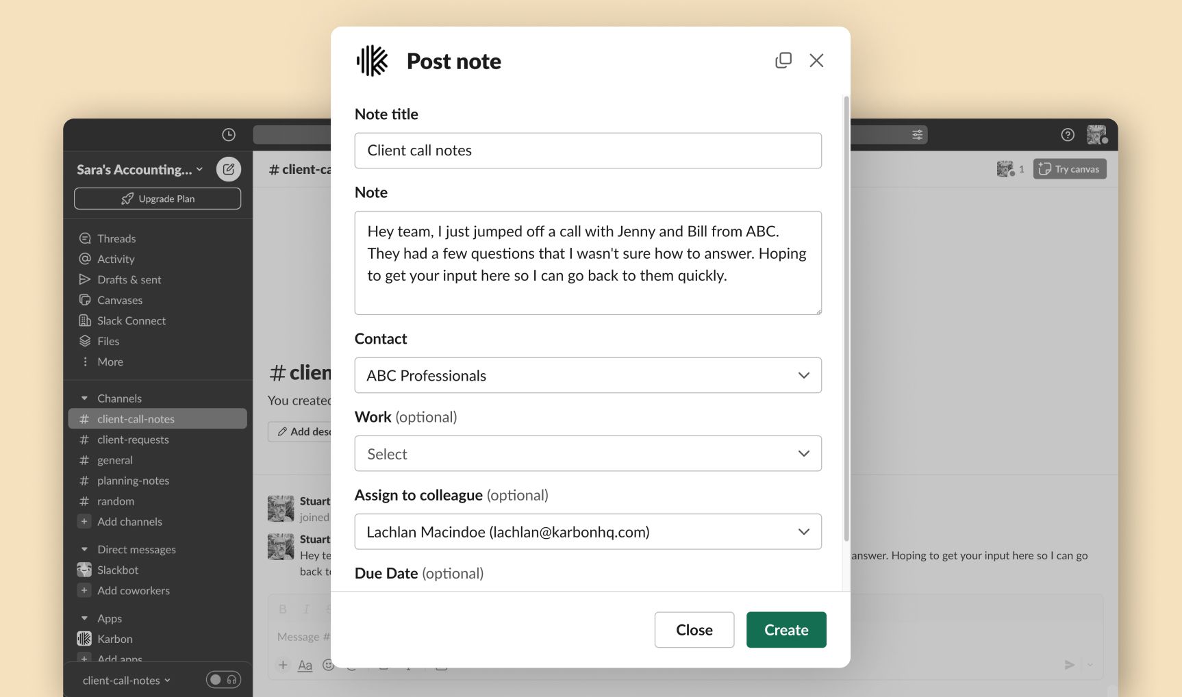 A dialogue box of a note about to be posted to Karbon from Slack