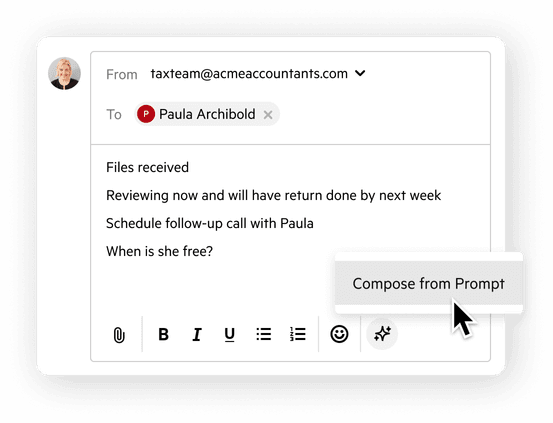 A user interface showing an email being composed from an AI prompt