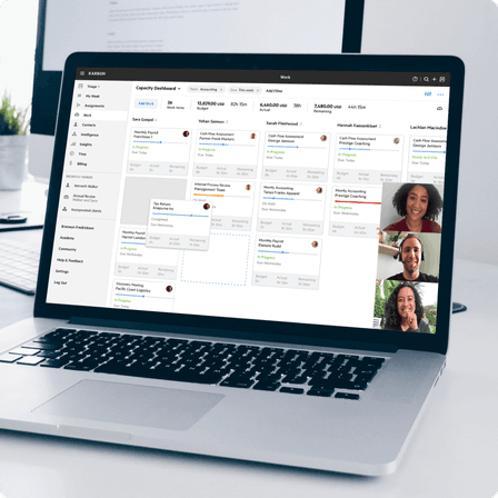 A laptop with the Karbon app being shared during a video call on screen.