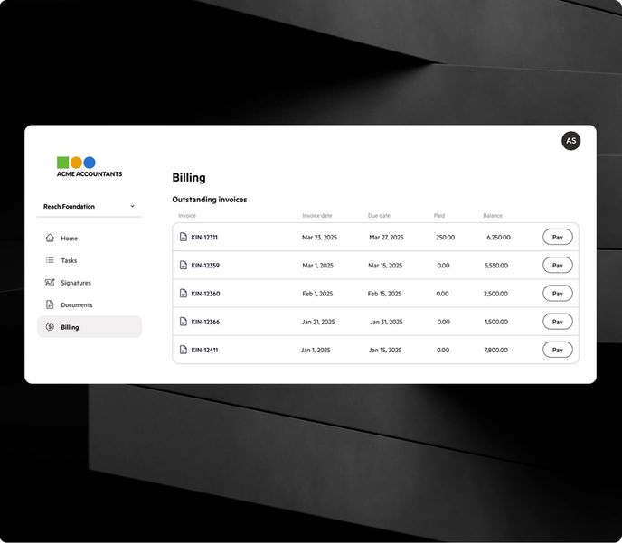 Karbon for Clients portal billing screen showing outstanding invoices with Pay buttons.