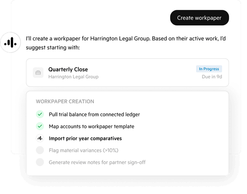 A Kai chat creating a workpaper for Harrington Legal Group’s quarterly close, with a checklist of completed and in-progress steps.