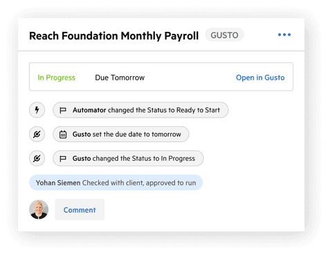 A Karbon work item for Reach Foundation Monthly Payroll showing Gusto integration activity and an Open in Gusto link.