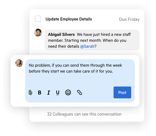 Image of a UI depicting internal chat communication about the timing of a job.