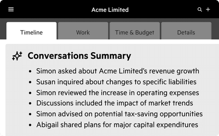 Karbon's AI conversation summary feature displayed as a list of bullet points on a client timeline. The list reads: "- Simon asked about Acme Limited’s revenue growth, - Susan inquired about changes to specific liabilities, - Simon reviewed the increase in operating expenses, - Discussions included the impact of market trends, - Simon advised on potential tax-saving opportunities, - Abigail shared plans for major capital expenditures"