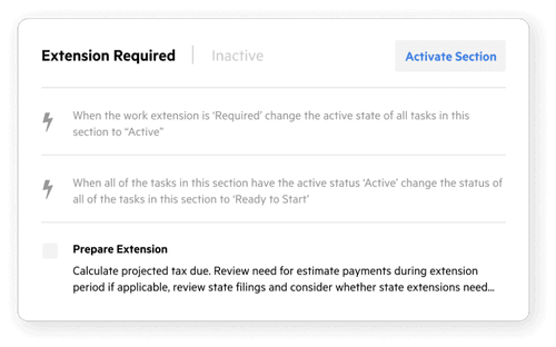 User interface of an automation rule in Karbon for preparing a tax extension.
