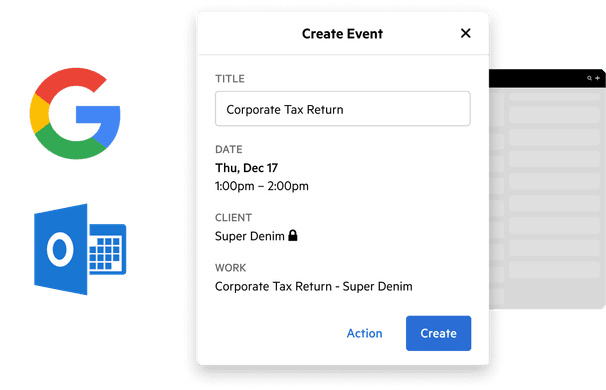 A calendar event card with Gmail and Outlook logos next to it