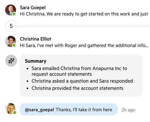 An email thread, followed by an AI-generated summary and a comment confirming a team member's understanding of the summary.